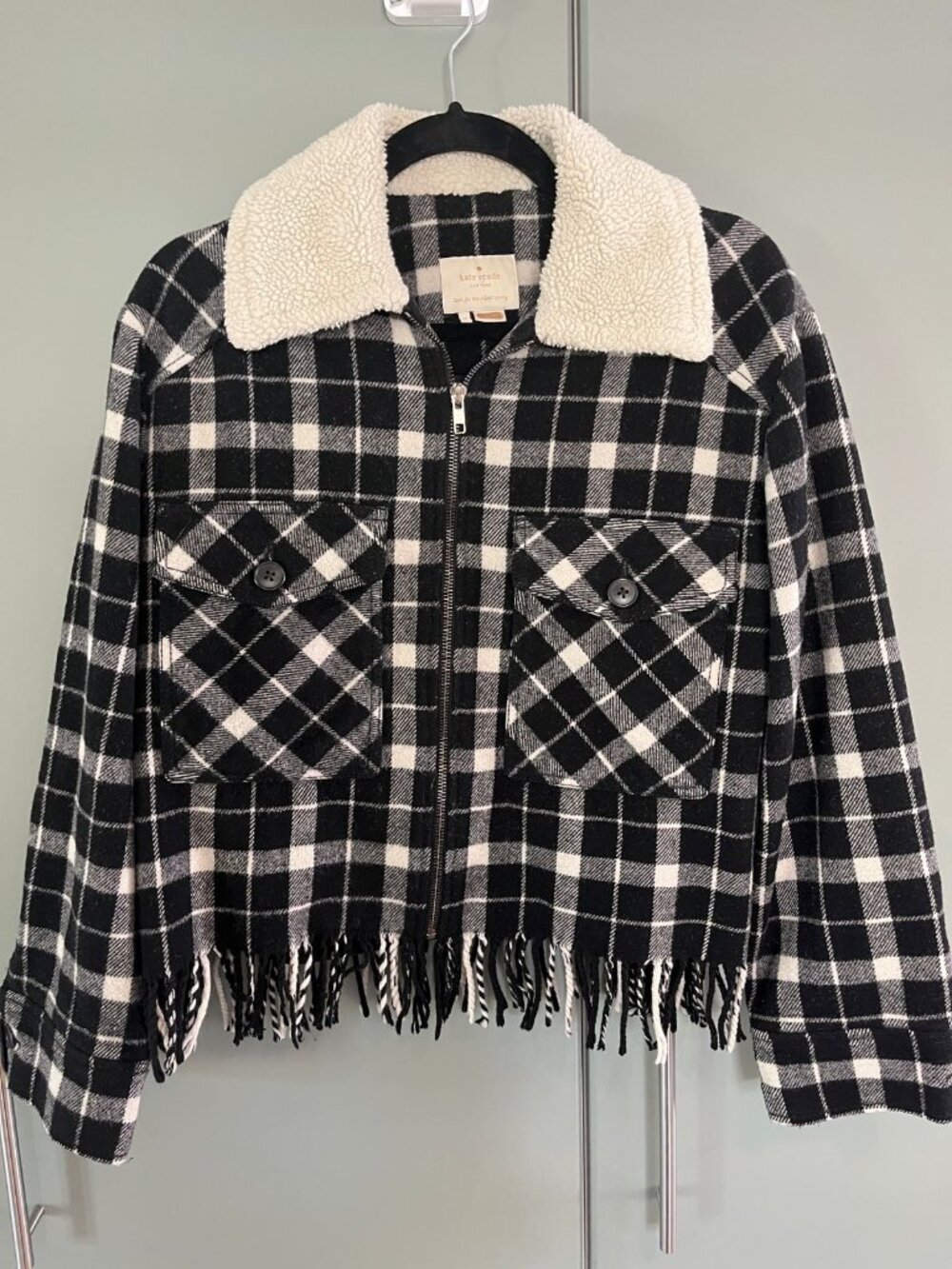 Kate Spade New York Rustic Plaid Fringe Jacket Sz Med Sherpa Collar B&W